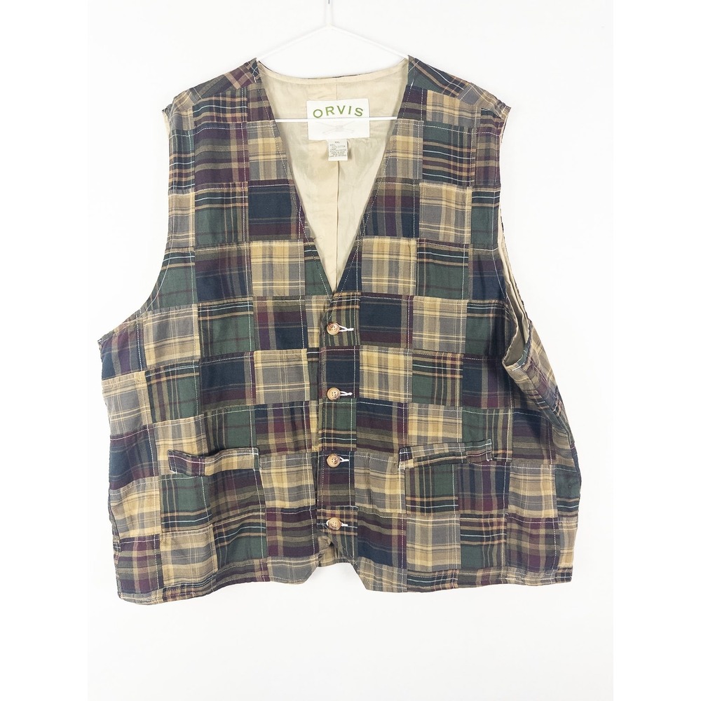 Orvis Patchwork Plaid Button Vest Mens XXL Green Tan Madras Lined Heritage Prepp